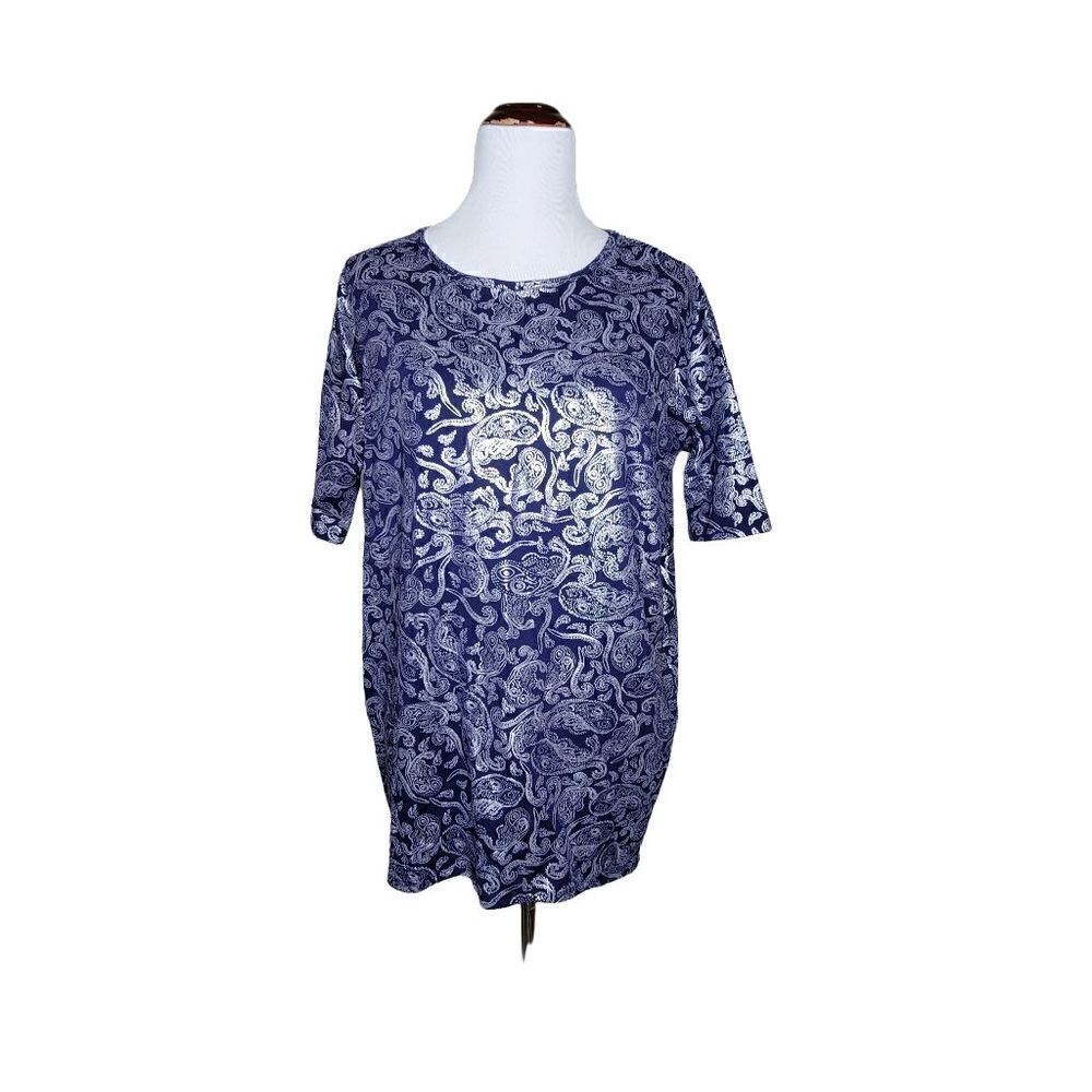 LuLaRoe Irma Elegant Short Sleeve Metallic Paisley Tunic Top Blue Silver Size XS